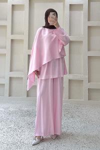 Candy Pink Crew Neck Long Arm Sandy Fabric Regular Trousers Comfortable Suit
