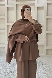 Lamelif Şal Detaylı Katlı Pantolonlu Takım Soft Kahve
