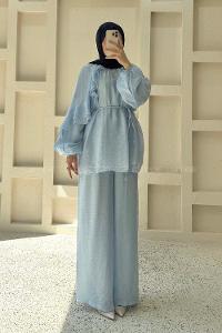 Baby Blue Crew Neck Long Arm Sandy Fabric Regular Trousers Comfortable Suit