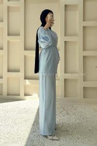 Baby Blue Crew Neck Long Arm Sandy Fabric Regular Trousers Comfortable Suit
