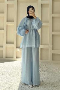 Baby Blue Crew Neck Long Arm Sandy Fabric Regular Trousers Comfortable Suit