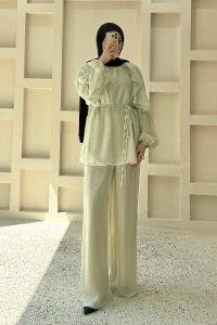 Mint Green Crew Neck Long Arm Sandy Fabric Regular Trousers Comfortable Suit