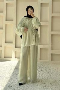 Mint Green Crew Neck Long Arm Sandy Fabric Regular Trousers Comfortable Suit