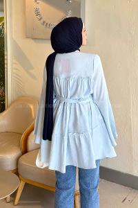Lamelif Kat Detaylı Bağlamalı Tunik Bebe Mavisi