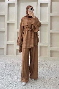 Brown Crew Neck Long Arm Crepe Fabric Regular Trousers Comfortable Suit