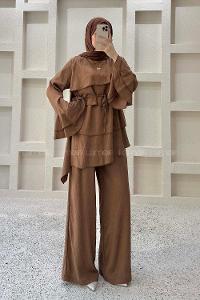 Brown Crew Neck Long Arm Crepe Fabric Regular Trousers Comfortable Suit