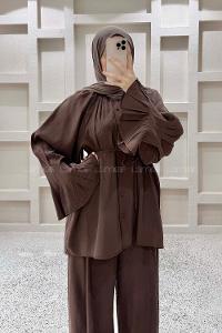 Bitter Brown Crew Neck Long Arm Cupra Regular Trousers Comfortable Suit