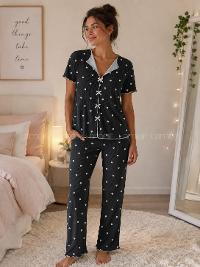 Lamelif Kadın Kalp Desenli Pijama Takımı