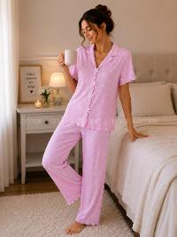 Lamelif Kadın Soft Touch Kalp Desenli Pijama Takımı
