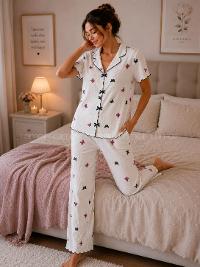 Lamelif Kadın Soft Touch Kelebek  Desenli Pijama Takımı