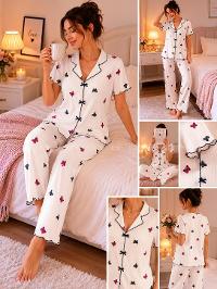 Lamelif Kadın Soft Touch Kelebek  Desenli Pijama Takımı