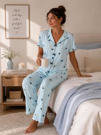 Lamelif Kadın Soft Touch Kelebek  Desenli Pijama Takımı