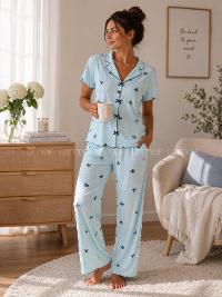 Lamelif Kadın Soft Touch Kelebek  Desenli Pijama Takımı