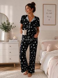 Lamelif Kadın Soft Touch Yıldız   Desenli Pijama Takımı