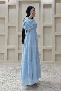 Baby Blue Crew Neck Ayrobin Unprinted Dresess