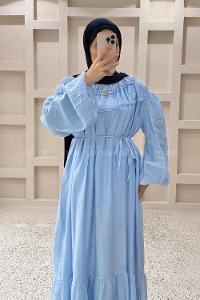 Baby Blue Crew Neck Ayrobin Unprinted Dresess