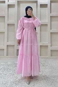 Lamelif Robası Fırfırlı Bağlamalı Elbise Pembe