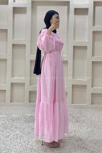 Lamelif Robası Fırfırlı Bağlamalı Elbise Pembe