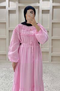 Lamelif Robası Fırfırlı Bağlamalı Elbise Pembe