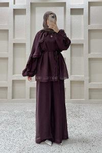 Plum Crew Neck Long Arm Sandy Fabric Regular Trousers Comfortable Suit