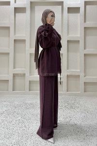 Plum Crew Neck Long Arm Sandy Fabric Regular Trousers Comfortable Suit