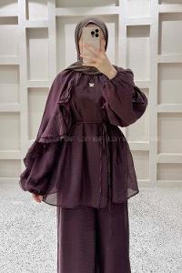 Plum Crew Neck Long Arm Sandy Fabric Regular Trousers Comfortable Suit