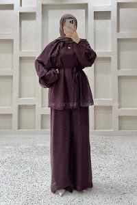 Plum Crew Neck Long Arm Sandy Fabric Regular Trousers Comfortable Suit