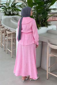 Lamelif Gold Düğmeli Fular Detaylı Etekli Takım Pembe
