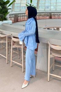 Baby Blue Normal Neck Long Arm Cotton Regular Trousers Comfortable Suit