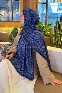 Lamelif Çiçek Desen Lara Soft Şal Gece Mavisi
