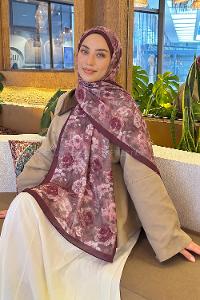 Lamelif Gül Çiçek Desen Lara Soft Şal Eflatun