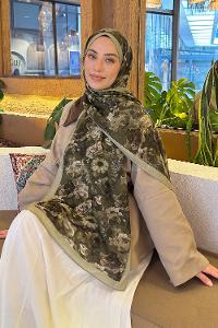 Lamelif Gül Çiçek Desen Lara Soft Şal Haki