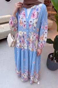 Baby Blue Mandarin Collar Cotton Dresess