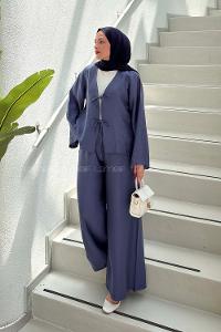 Indigo V Neck Long Arm Sandy Fabric Regular Trousers Comfortable Suit