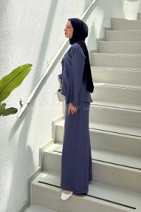 Indigo V Neck Long Arm Sandy Fabric Regular Trousers Comfortable Suit
