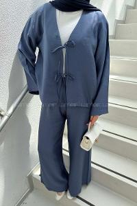 Indigo V Neck Long Arm Sandy Fabric Regular Trousers Comfortable Suit