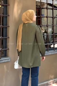 Lamelif Brit Düğmeli V Yaka Gömlek Haki