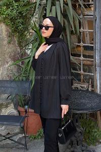 Lamelif Brit Düğmeli V Yaka Gömlek Siyah