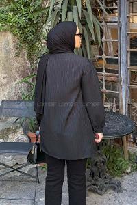 Lamelif Brit Düğmeli V Yaka Gömlek Siyah