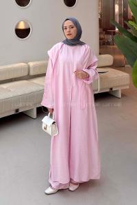 Lamelif Fular Detaylı Elbise-Pantolon Takım Pembe