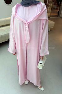 Lamelif Fular Detaylı Elbise-Pantolon Takım Pembe