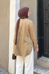 Lamelif Kol Katlamalı Çizgili Gömlek Haki