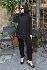 Lamelif Nakış Ve Boncuk İşlemeli Bürümcük Gömlek Siyah