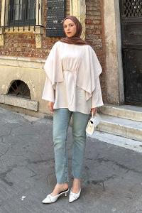 Lamelif Pelerin Detaylı Oversize Tunik Bej