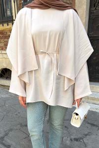 Lamelif Pelerin Detaylı Oversize Tunik Bej