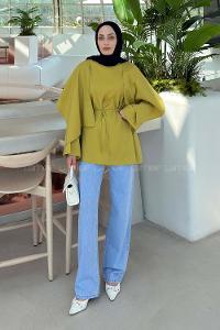 Lamelif Pelerin Detaylı Oversize Tunik Yağ Yeşili
