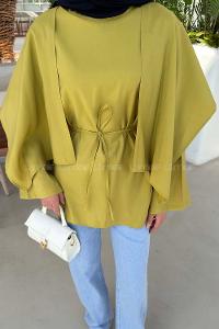 Lamelif Pelerin Detaylı Oversize Tunik Yağ Yeşili