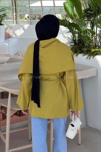 Lamelif Pelerin Detaylı Oversize Tunik Yağ Yeşili