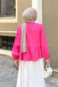 Lamelif V Yaka Kolları Lastikli Müslin Tesettür Gömlek Pembe