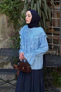 Lamelif Volan Detaylı Çizgili Gömlek Mavi